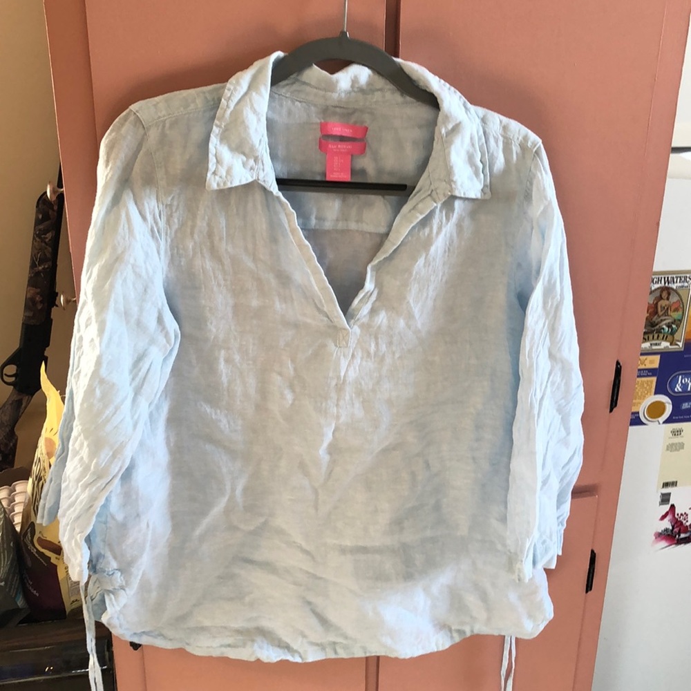 💙 100% Linen - Isaac Mizrahi Blue Relaxed 3/4 Sleeve Tunic